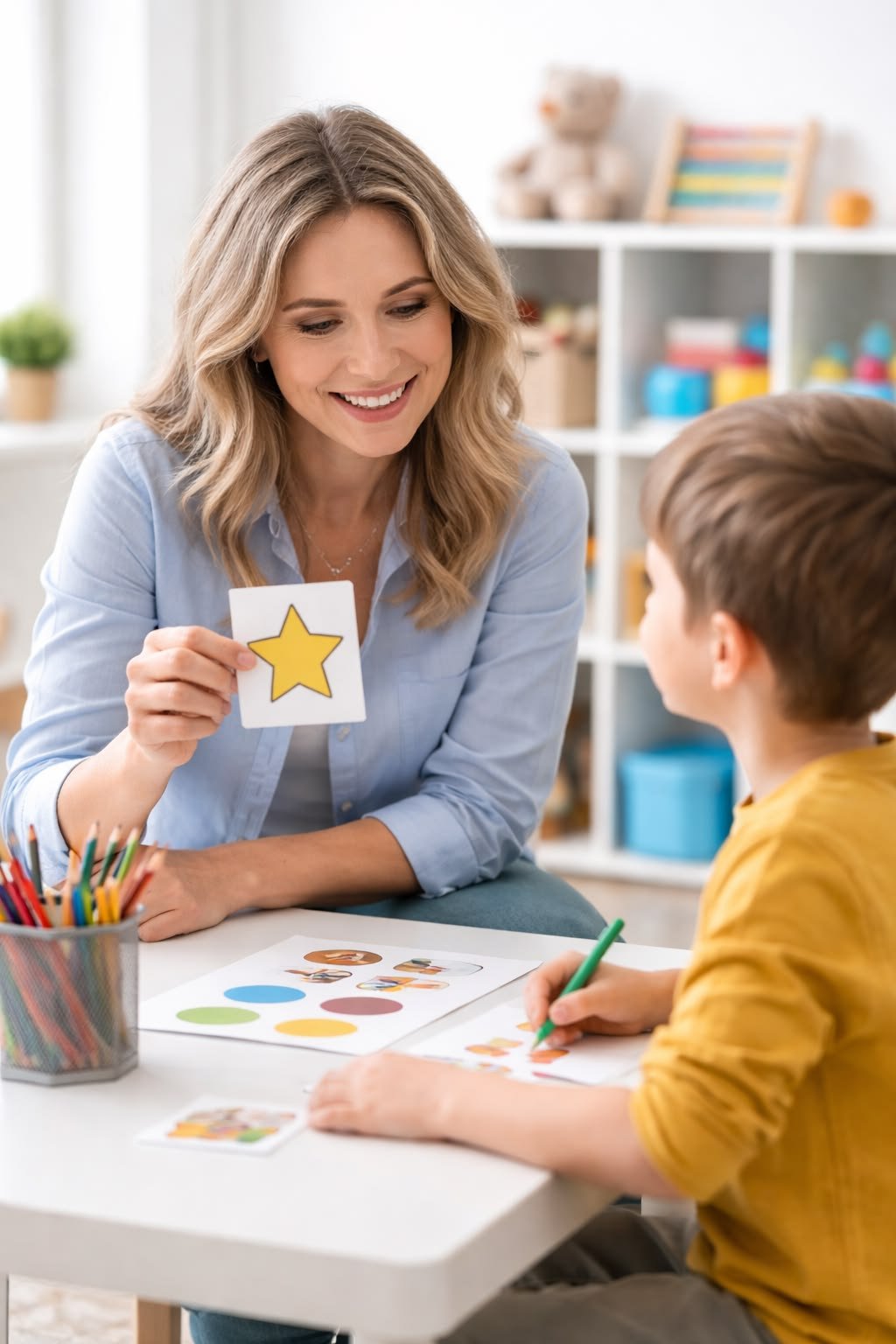 Parent and young child talking together