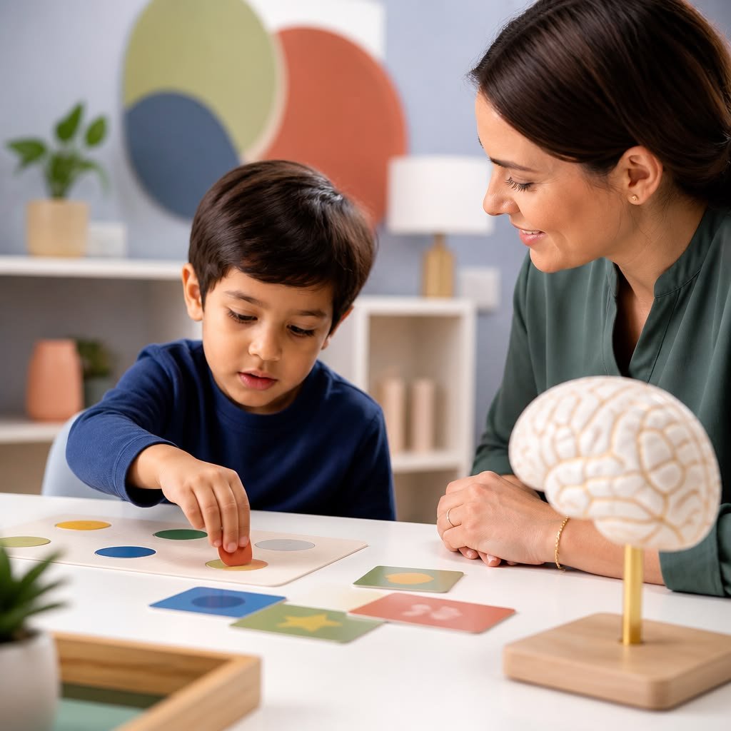Parent and young child talking together